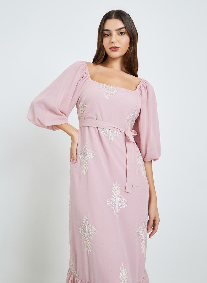Styli Women Pink Embellished Puff Sleeve Maxi Dress - Image 1